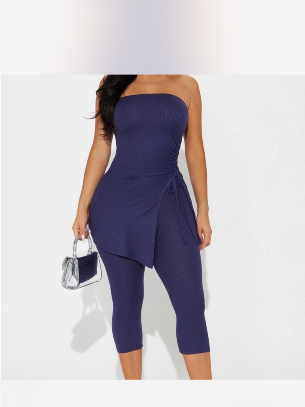 Fashion Nova strapless Ribbed Two-Piece Set in Deep Navy